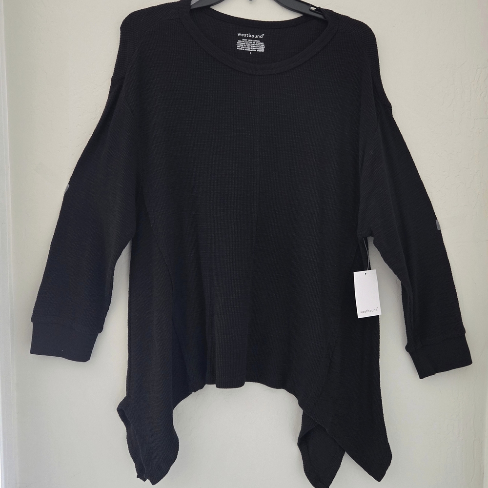 Westbound Woman Black Waffle Knit Asymmetrical Hem Long Sleeve Top. (Large)